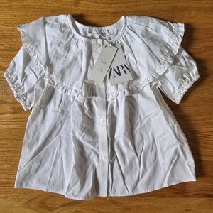 Zara White Flowy Blouse with Ruffled Neckline